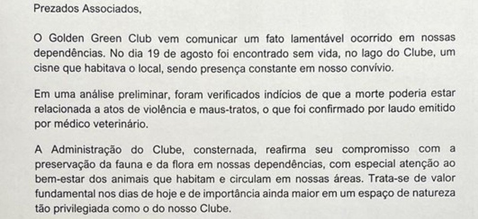 Comunicado sobre a morte de ganso no Golden Green Club — Foto: Reprodução