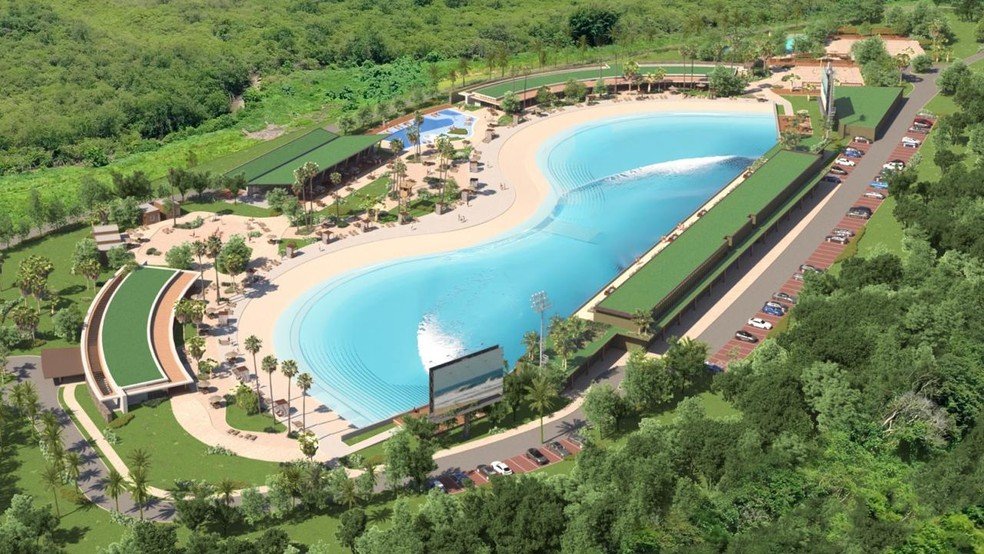 Em formato de óculos, projeção de como será piscina — Foto: Divulgação/BSC